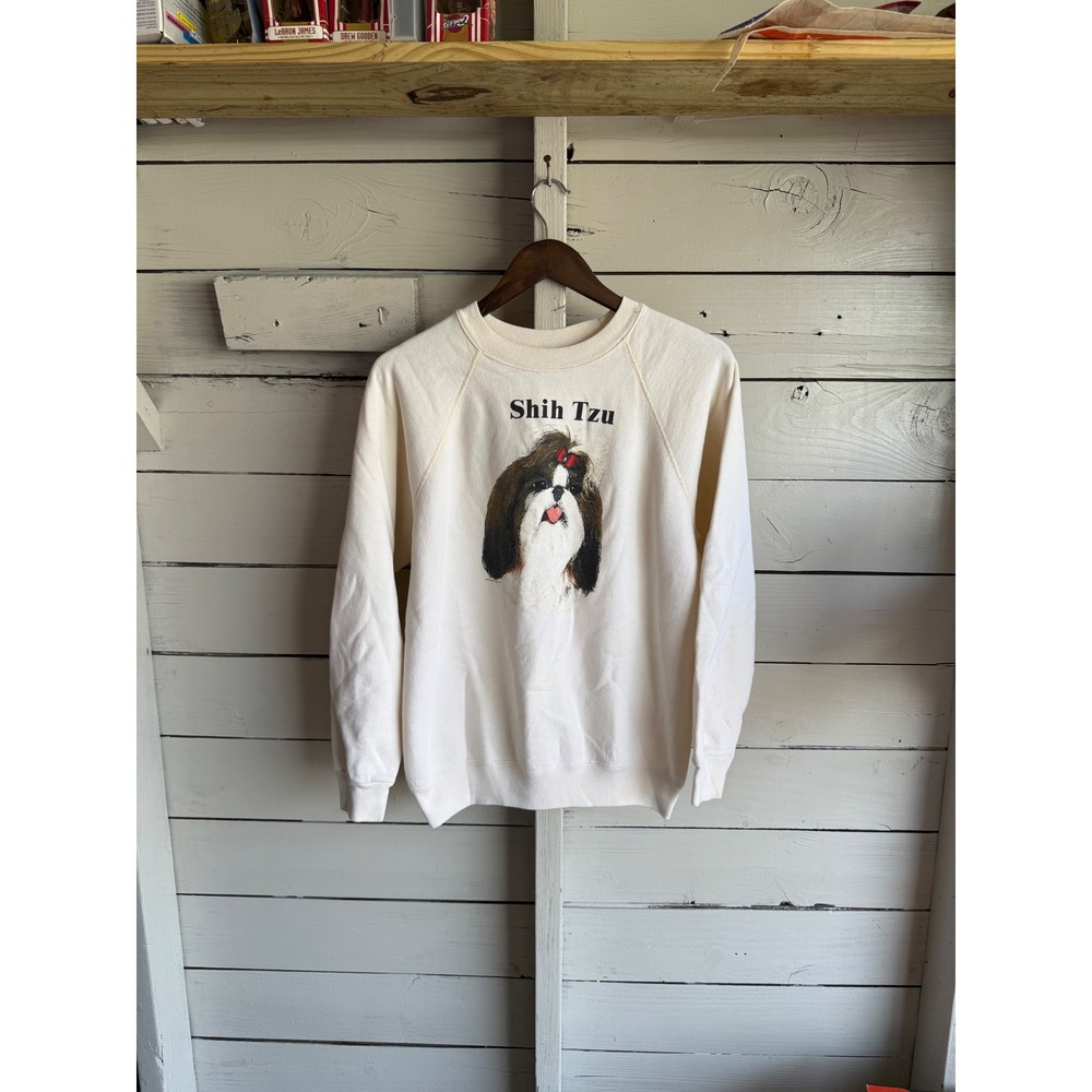 Vintage 80s Hanes Shih Tzu Dog Graphic Sweatshirt Cream Raglan Large Made in USA